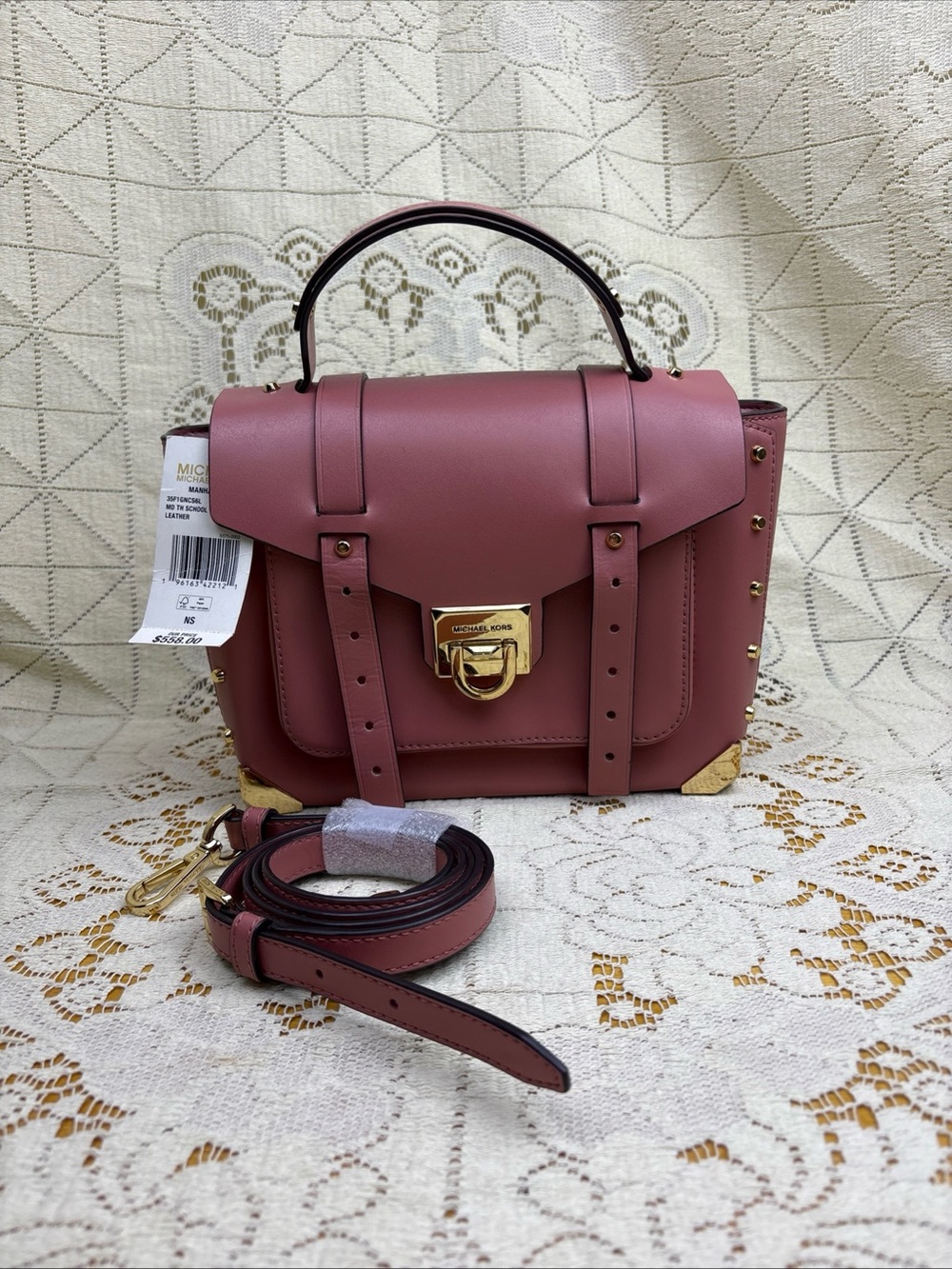 Michael Kors Manhattan Medium Contrast-Trim Leather Satchel Rose